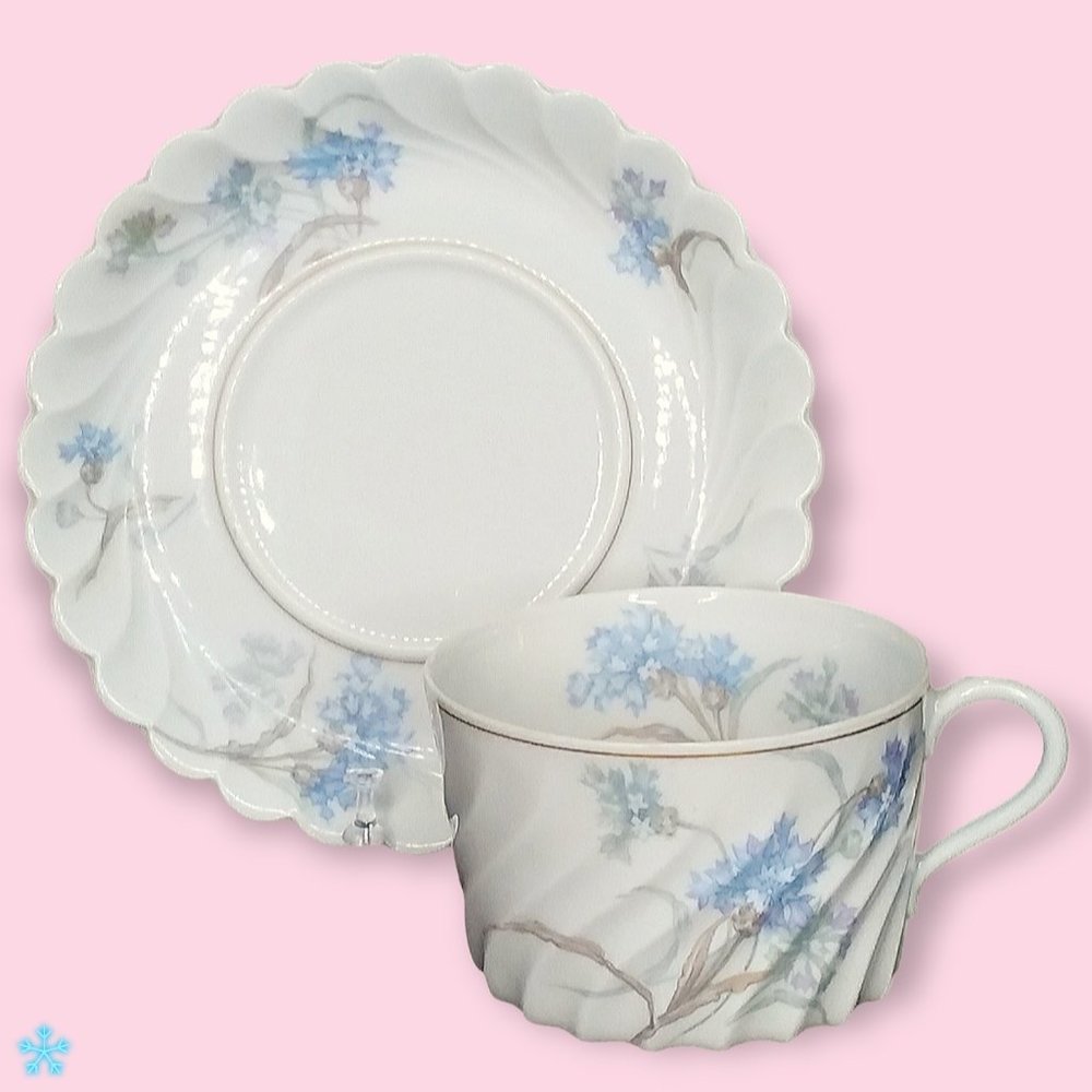 Haviland Limoges Teacup & Saucer Set Bergere Blue Flowers Scallop Edge France